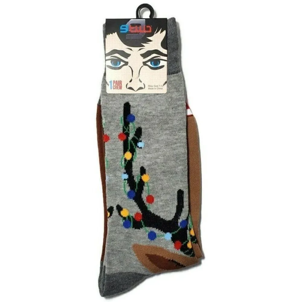 Christmas‎ Socks Mens Crew Shoe Size 7-12 Reindeer Lights Novelty 9 Two NWT